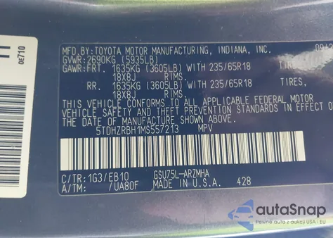 2021 Toyota Highlander Xle from USA, damaged, VIN 5TDHZRBH1MS557213